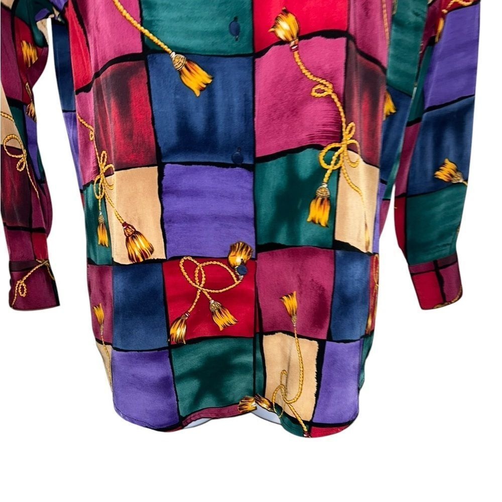 Full Button Vintage Blouse Size M Colorful Geometric Print Tassel Detail 80s 90s - Picture 7 of 9